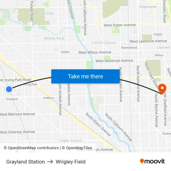 Grayland Station to Wrigley Field map