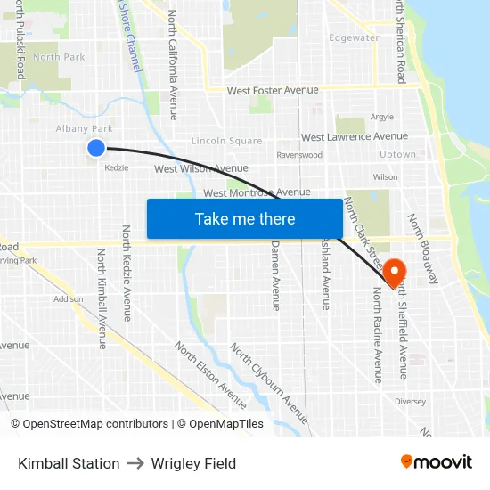 Kimball Station to Wrigley Field map