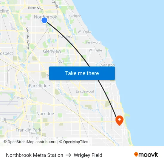 Northbrook Metra Station to Wrigley Field map