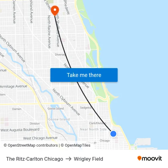 The Ritz-Carlton Chicago to Wrigley Field map