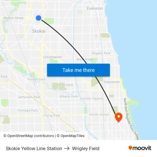Skokie Yellow Line Station to Wrigley Field map