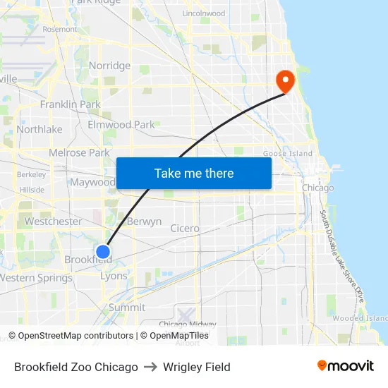 Brookfield Zoo Chicago to Wrigley Field map