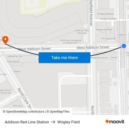 Addison Red Line Station to Wrigley Field map