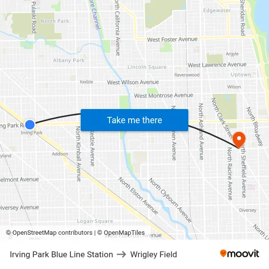 Irving Park Blue Line Station to Wrigley Field map