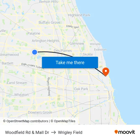 Woodfield Rd & Mall Dr to Wrigley Field map