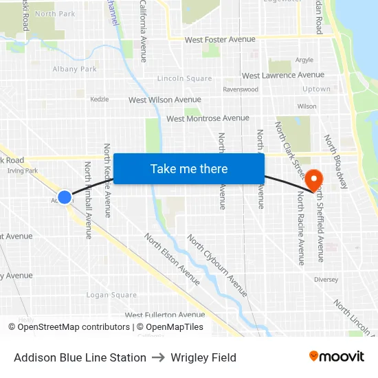Addison Blue Line Station to Wrigley Field map
