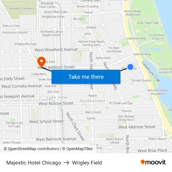 Majestic Hotel Chicago to Wrigley Field map