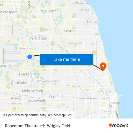 Rosemont Theatre to Wrigley Field map