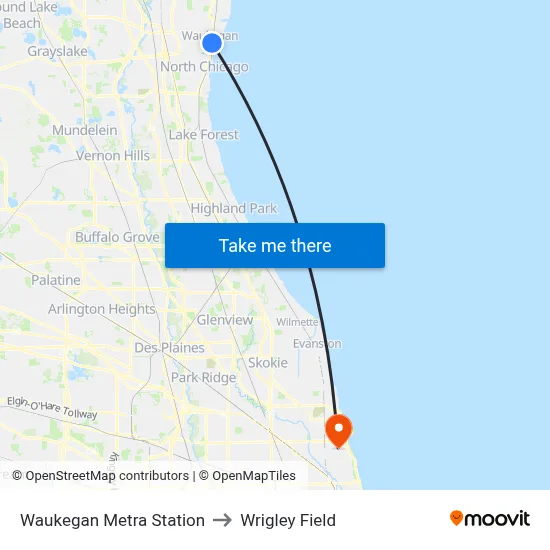 Waukegan Metra Station to Wrigley Field map