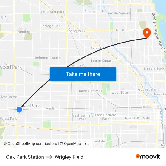 Oak Park Station to Wrigley Field map