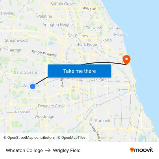 Wheaton College to Wrigley Field map