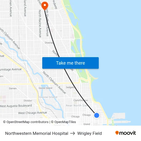 Northwestern Memorial Hospital to Wrigley Field map