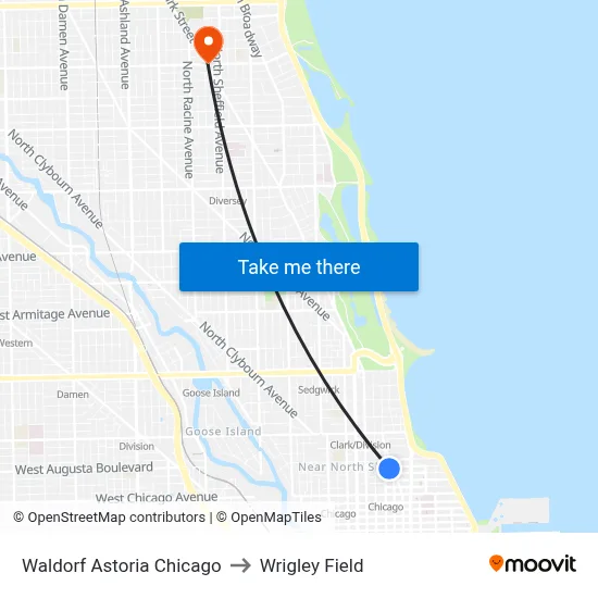 Waldorf Astoria Chicago to Wrigley Field map