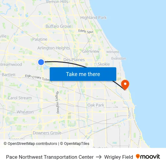 Pace Northwest Transportation Center to Wrigley Field map