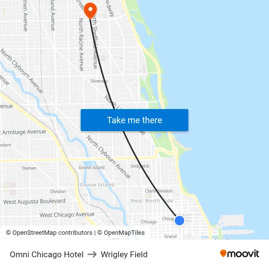 Omni Chicago Hotel to Wrigley Field map