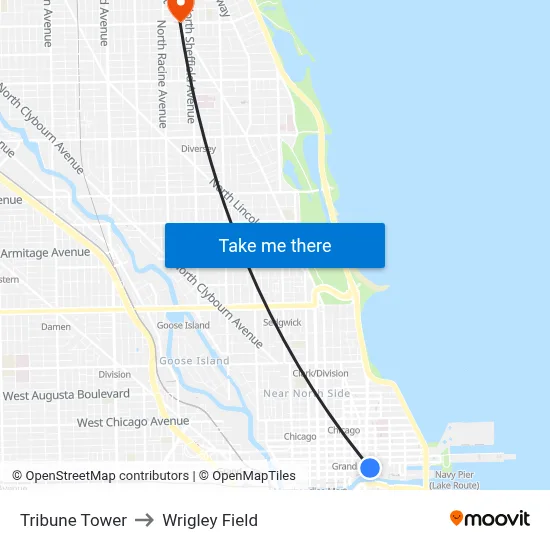 Tribune Tower to Wrigley Field map