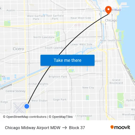 Chicago Midway Airport MDW to Block 37 map