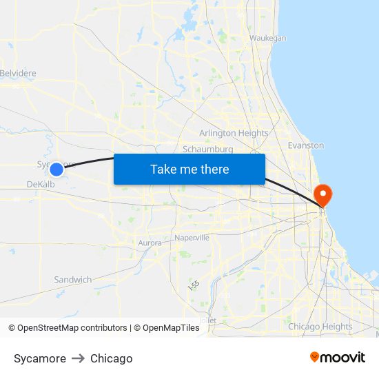 Sycamore to Chicago map