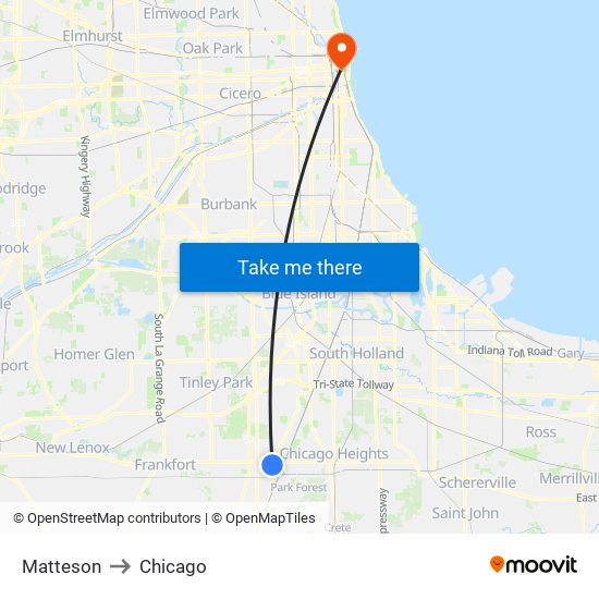 Matteson to Chicago map