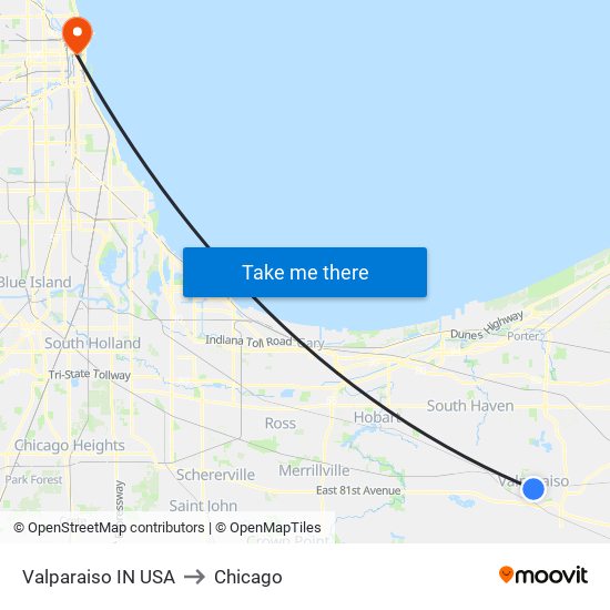 Valparaiso IN USA to Chicago map