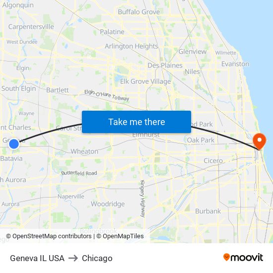 Geneva IL USA to Chicago map