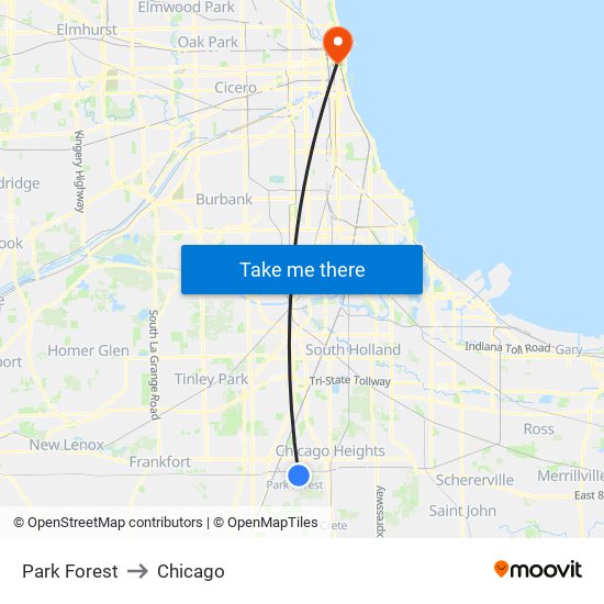 Park Forest to Chicago map