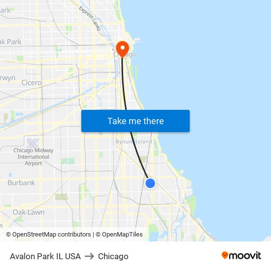 Avalon Park IL USA to Chicago map