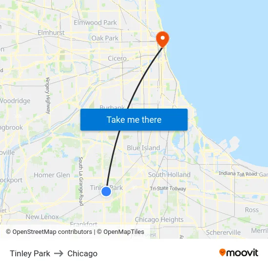Tinley Park to Chicago map