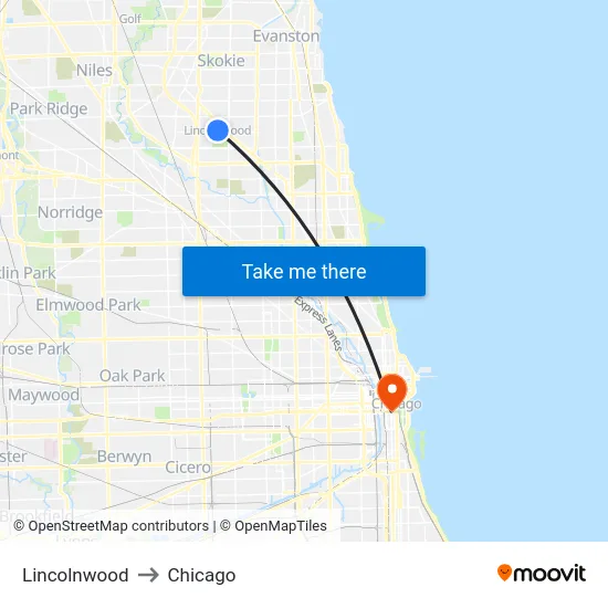 Lincolnwood to Chicago map