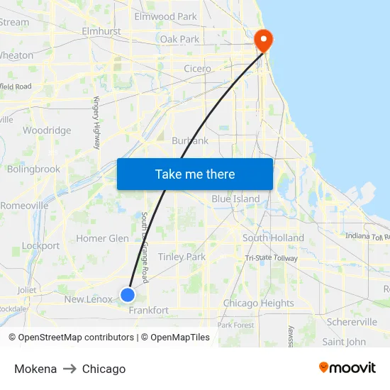 Mokena to Chicago map