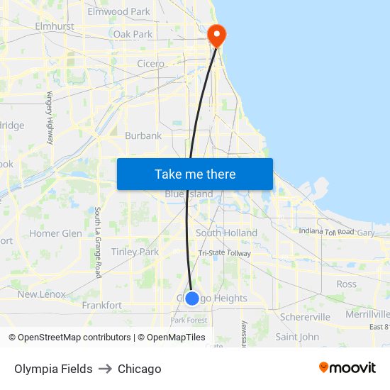 Olympia Fields to Chicago map