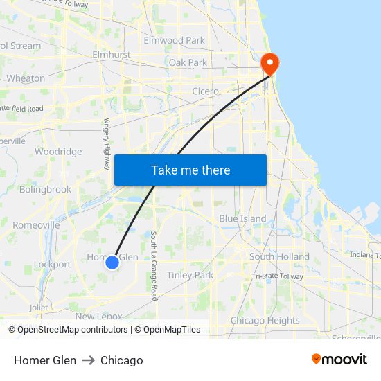 Homer Glen to Chicago map