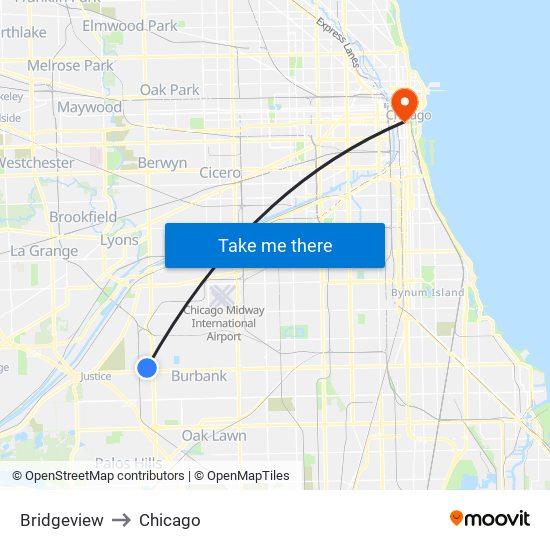 Bridgeview to Chicago map