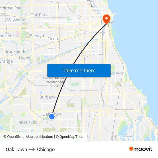 Oak Lawn to Chicago map