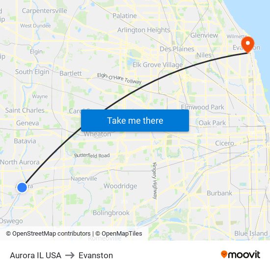 Aurora IL USA to Evanston map