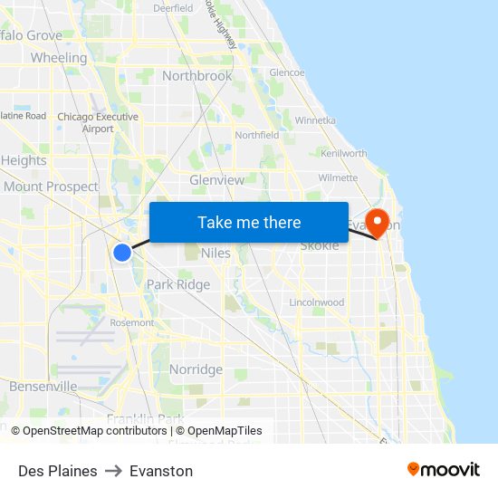 Des Plaines to Evanston map
