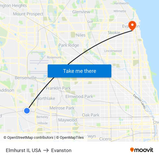 Elmhurst IL USA to Evanston map
