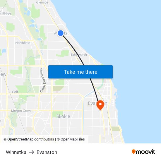 Winnetka to Evanston map