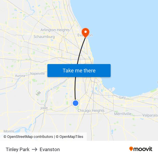 Tinley Park to Evanston map