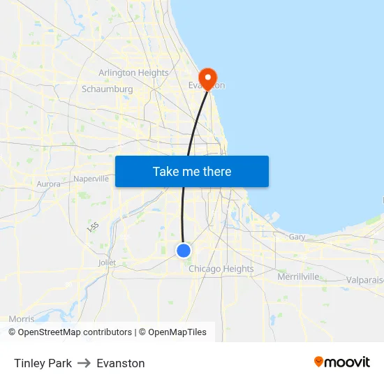 Tinley Park to Evanston map