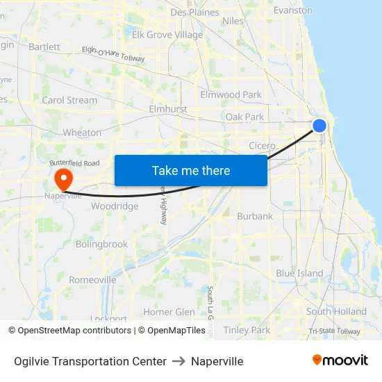 Ogilvie Transportation Center to Naperville map