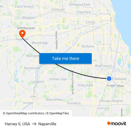 Harvey IL USA to Naperville map