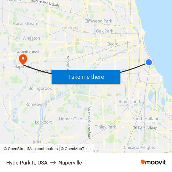 Hyde Park IL USA to Naperville map