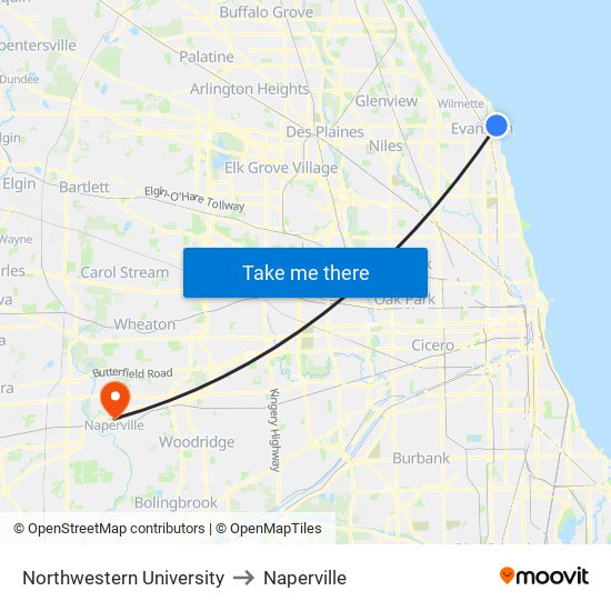 Northwestern University to Naperville map