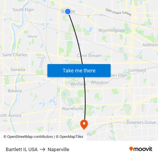 Bartlett IL USA to Naperville map