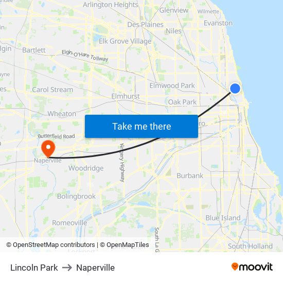 Lincoln Park to Naperville map
