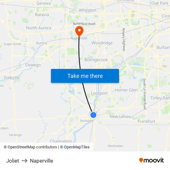 Joliet to Naperville map