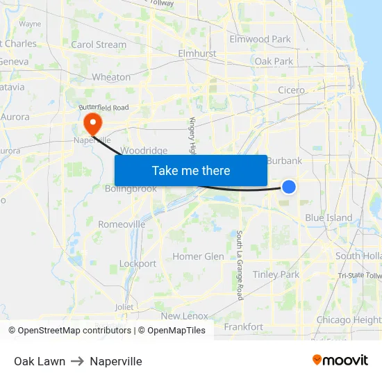 Oak Lawn to Naperville map
