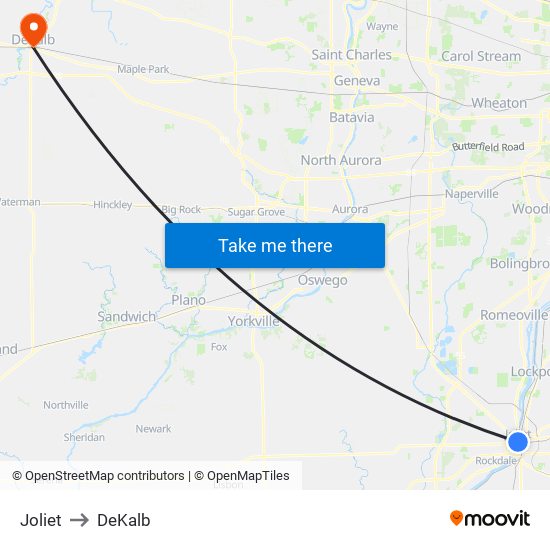 Joliet to DeKalb map