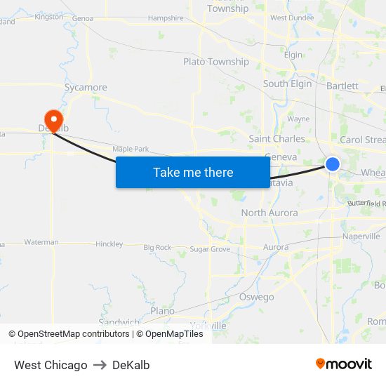 West Chicago to DeKalb map